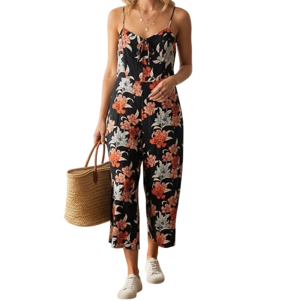 Gypsies & Moondust Jumpsuit‎ XL Navy Blue Floral Lace Up Wide Leg Tropical Boho